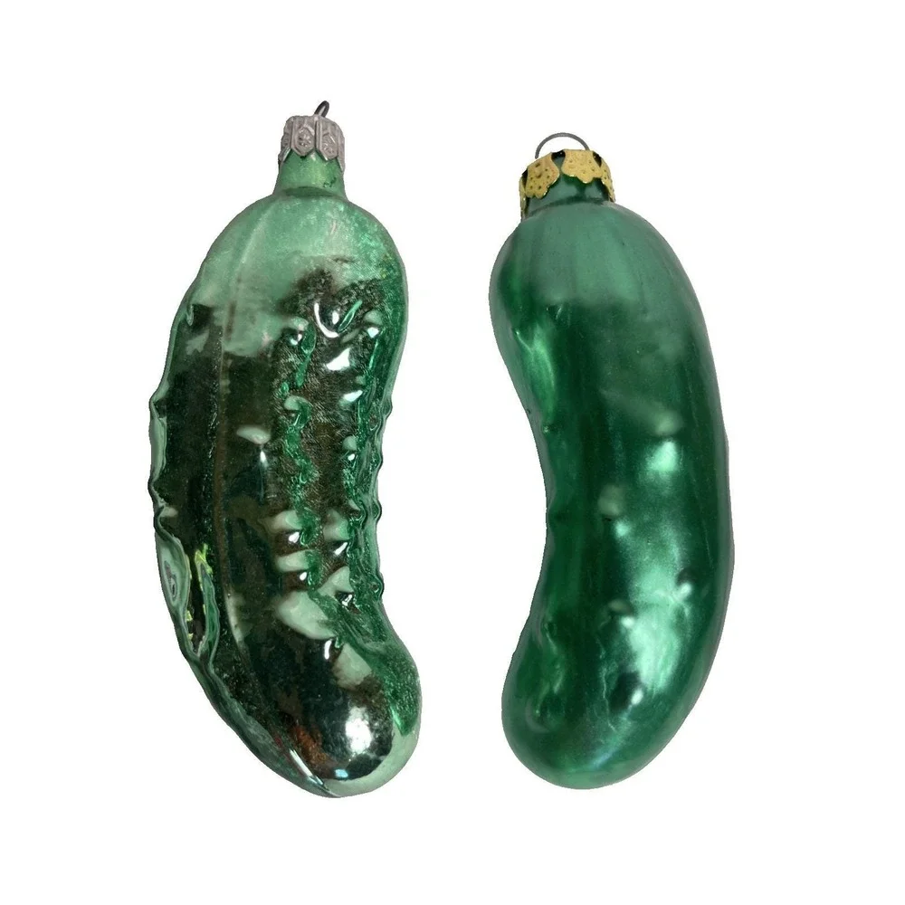 2 Vintage Hand Blown Glass Pickle Ornaments Christmas Holiday